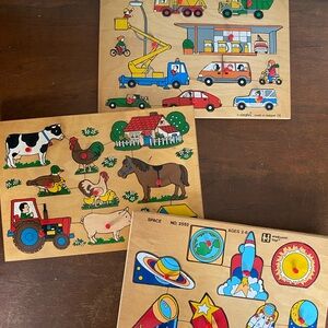 Vintage Wooden Tray Puzzles Transportation, Space, Farm by Small World, Simplex